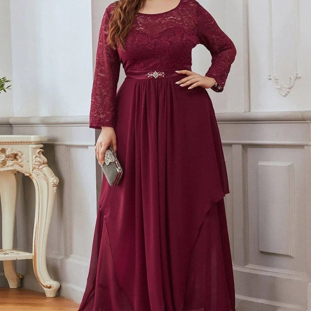 Long Sleeve Floral Lace Formal Dress